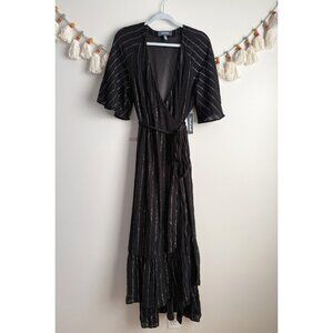 Modcloth Black Metallic Gauze Flutter Sleeve Wrap Midi Dress Whimsical NWT L